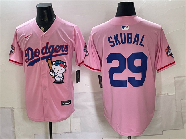 Men's Los Angeles Dodgers #29 Tarik Skubal Pink Hello Kitty Night 2025 World Series Champions Patch Stitched Baseball Jersey